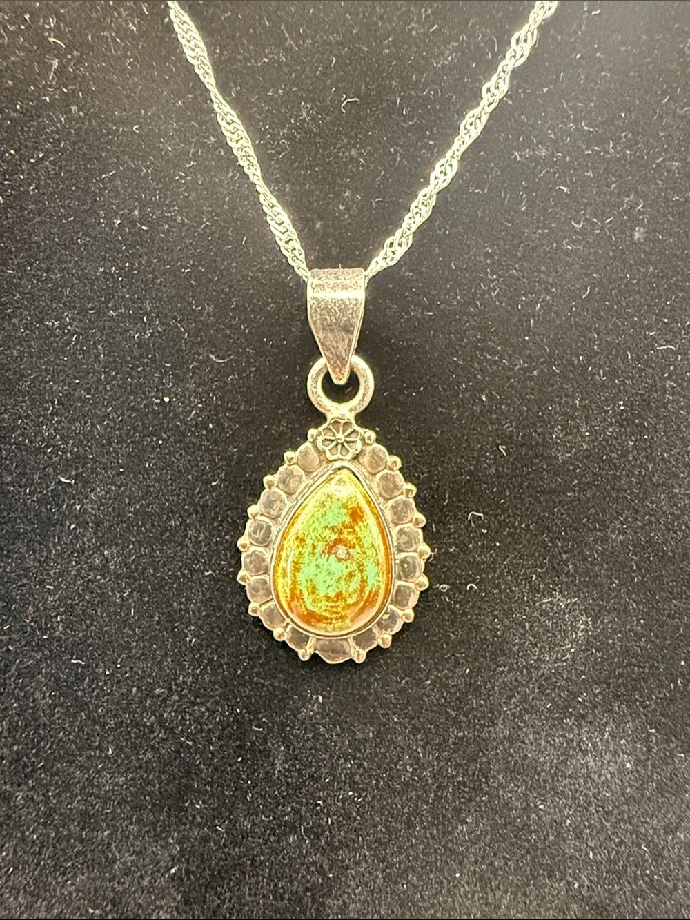 925 Sterling Silver Green Turquoise Teardrop Stone Pendant Necklace 18” - Picture 2 of 9